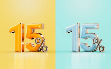 15 percent discount offer with two different glossy color orange and cyan 3d render concept