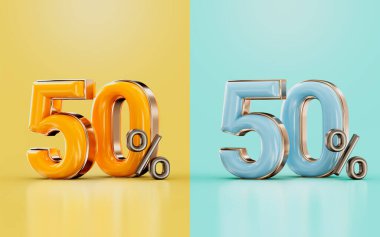 Yüzde 50 indirim teklifi, iki farklı renkte turuncu ve cyan 3D renkte sunuluyor.