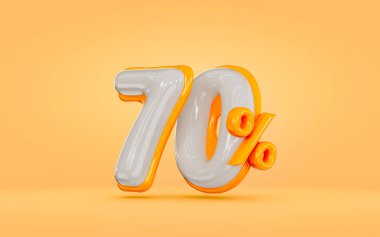 Turuncu arka planda% 70 indirimli gerçekçi. Mega satış teklifi için 3D sunum kavramı.