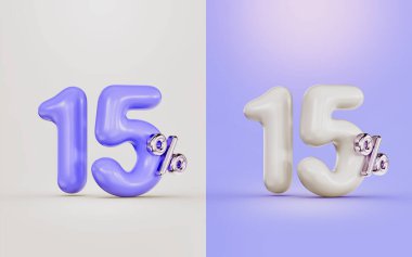 big deal 15 percent discount offer with two different colors white and purple 3d render concept