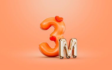 3m follower celebration orange color number with love icon 3d render concept for social banner