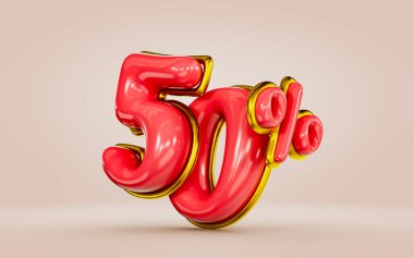 mega shopping offer 50  percent discount red color number with golden 3d render concept for sells