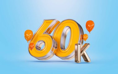 60k followers celebration social media banner with orange balloon blue background 3d render concept