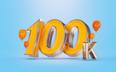 100k followers celebration social media banner with orange balloon blue background 3d render concept