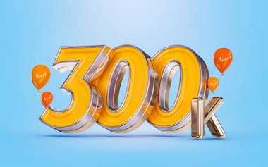 300k followers celebration social media banner with orange balloon blue background 3d render concept