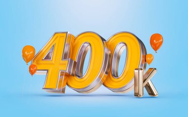 400k followers celebration social media banner with orange balloon blue background 3d render concept
