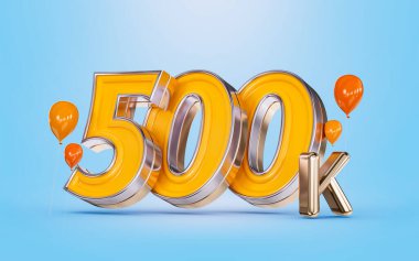 500k followers celebration social media banner with orange balloon blue background 3d render concept