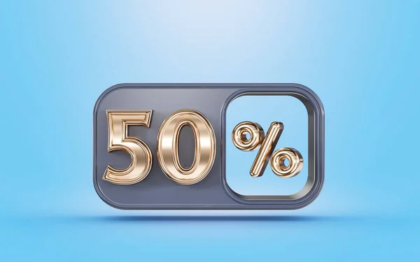 Percent Discount Offer Golden Metallic Look Blue Background Render Concept — Φωτογραφία Αρχείου