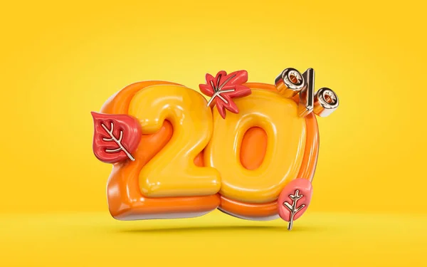 Autumn sale banner 20 percent discount number with maple leaf on yellow background 3d render