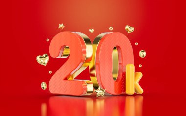 red golden number 20k twenty thousand social media followers Subscribers celebration 3d render