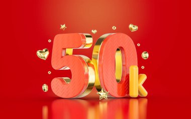 red golden number 50k fifty thousand social media followers Subscribers celebration 3d render