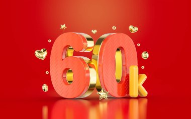 red golden number 60k sixty thousand social media followers Subscribers celebration 3d render