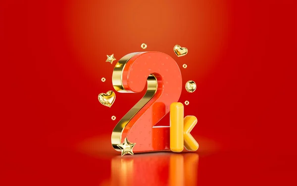 Red Golden Number Two Thousand Social Media Followers Subscribers Celebration — Stock Photo, Image