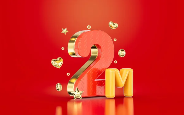 Red Golden Number Two Million Social Media Followers Subscribers Celebration — Stock Photo, Image