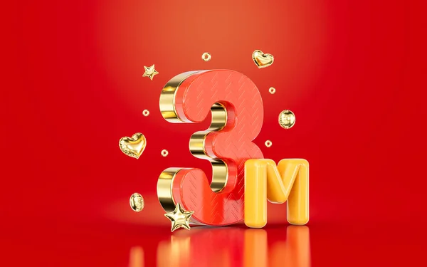 Red Golden Number Three Million Social Media Followers Subscribers Celebration — Stockfoto