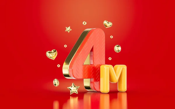 Red Golden Number Four Million Social Media Followers Subscribers Celebration — Zdjęcie stockowe