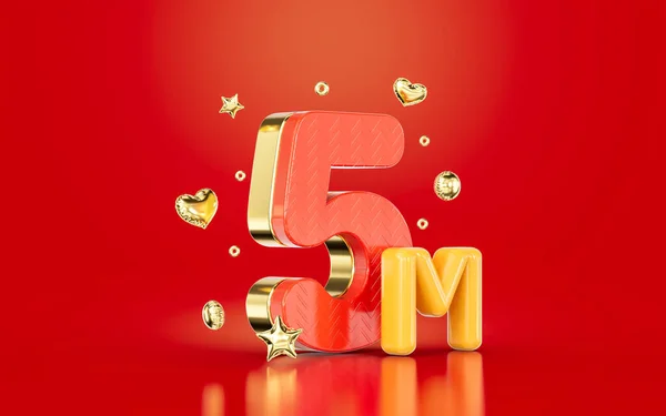 Red Golden Number Five Million Social Media Followers Subscribers Celebration — Zdjęcie stockowe