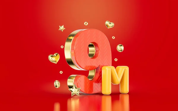 Red Golden Number Nine Million Social Media Followers Subscribers Celebration — Stock Fotó