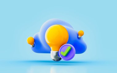 cloud sign with lightbulb check mark 3d render concept for store problem solution server maintenance