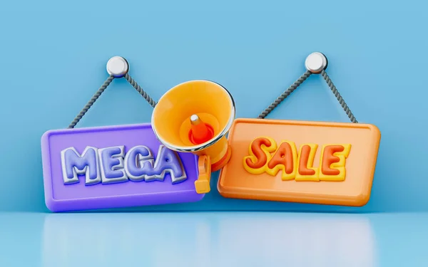Mega Sale Hanging Signboard Megaphone Render Concept Big Shopping Announce — 스톡 사진
