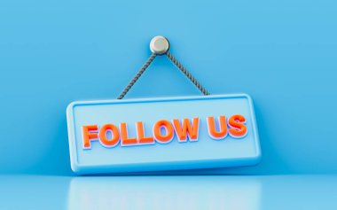 follow us hanging signboard 3d render concept for join social media group online platform