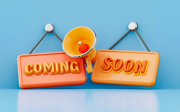 Coming Soon Hanging Signboard Megaphone Render Concept Waiting Exactment Announce — Stockfoto