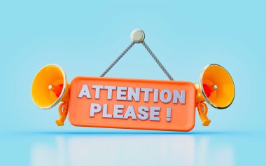 attention please hanging signboard with mega phone 3d render concept for concentration in work