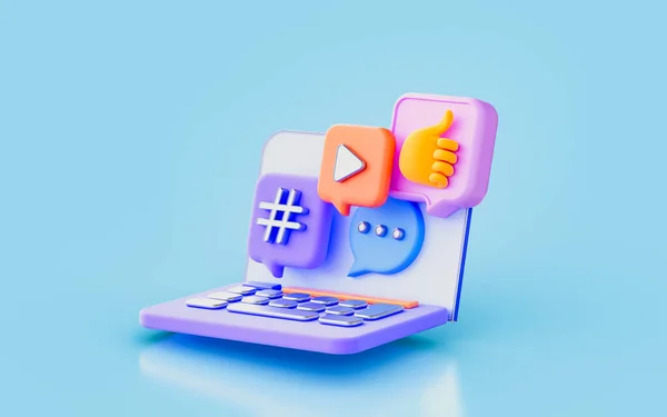Laptop Message Video Chat Emoji Symbol Sign Render Concept Social — Foto Stock