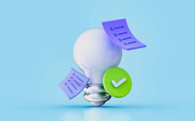 lightbulb document checkmark sign 3d render concept for new invention planning approved