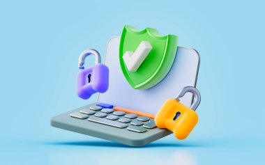 laptop sing with lock security shield checkmark 3d render concept for online password protect