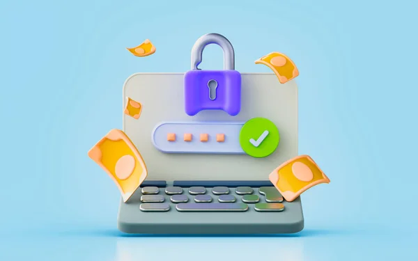 Laptop Sign Lock Cash Checkmark Render Concept Online Secure Payment — ストック写真