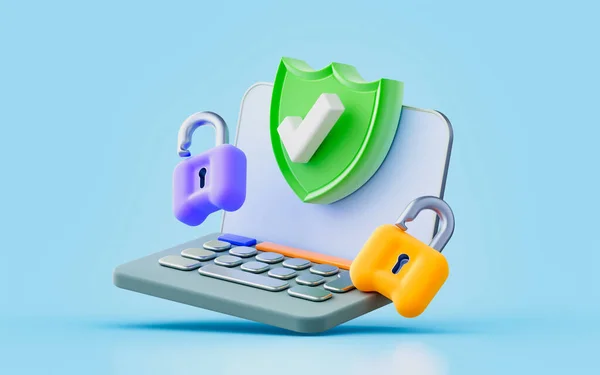 Laptop Sing Lock Security Shield Checkmark Render Concept Online Password — Stockfoto