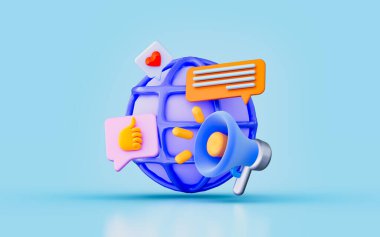 globe sign megaphone message chat like and heart emoji  3d render concept for social media network