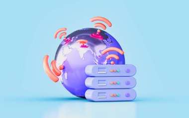 globe sign with storage WIFI signal 3d render concept for global hosting networking system 
