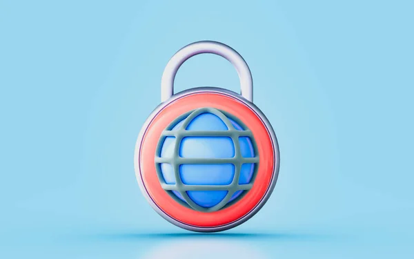 Globe Lock Sign Render Concept Cyber Security System Protection Shield — Stockfoto