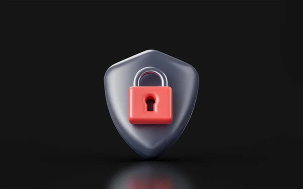 Security Shield Lock Sign Dark Background Render Concept Protection Encryption — Stock Photo, Image