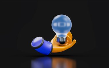 hand lightbulb sign glass morphism on dark background 3d render concept for business solution