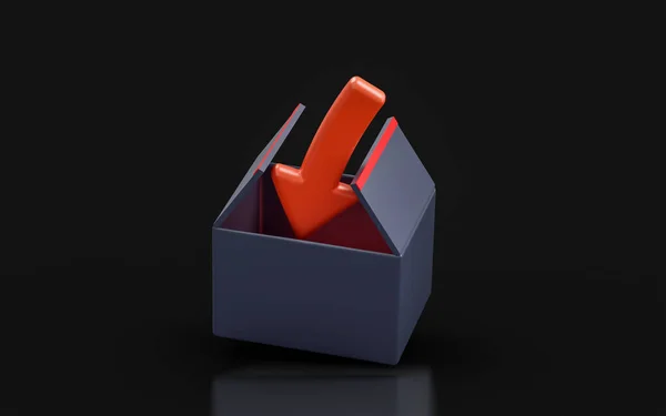 Відкрита Коробка Знаком Стрілка Вниз Концепція Візуалізації Введення Продукту Коробці — стокове фото