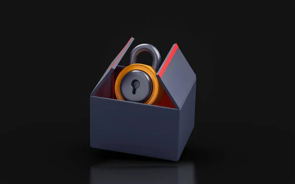 Open Box Lock Sign Dark Background Render Concept Strong Box — ストック写真