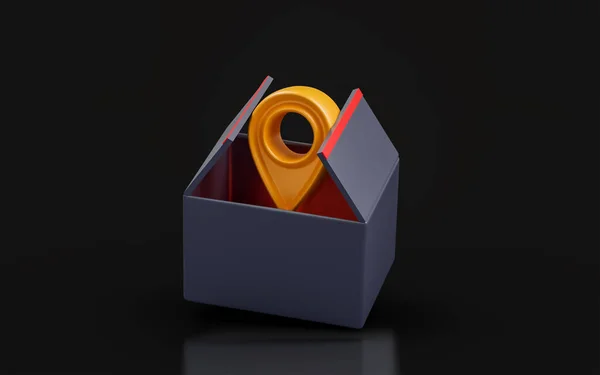 Open Box Location Mark Sign Dark Background Render Concept Product — Stok fotoğraf