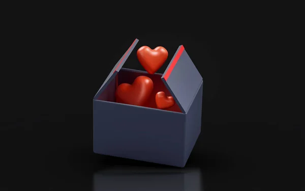 Open Box Heart Sign Dark Background Render Concept Lovely Romance — Stock Photo, Image