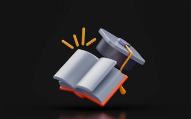 book sign with graduation cap on dark background 3d render concept for higher study degree
