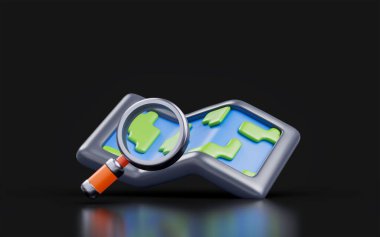 world map sign with magnify glass sign on dark background 3d render concept for location explore