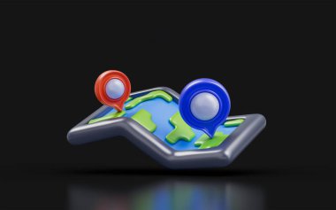 world map location sign on dark background 3d render concept for place holder location