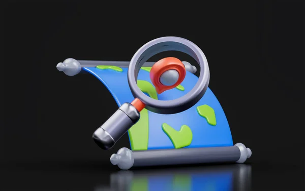 World Map Location Magnify Glass Sign Dark Background Render Concept — 스톡 사진