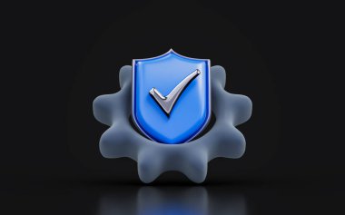 gear security shield check mark sign on dark background 3d render concept for technical protection