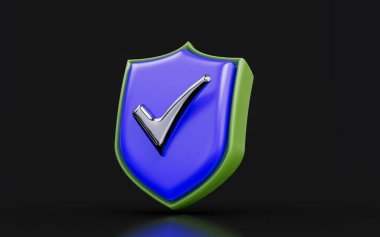 security shield check mark sign on dark background 3d render concept for protection badge
