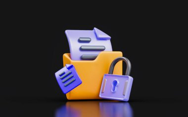 document folder with lock sign on dark background 3d render concept for paper work protection
