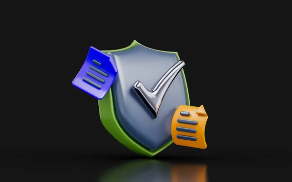 security shield check mark with document sign on dark background 3d render concept for safety secure