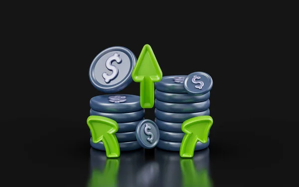 Dollar Coins Arrow Sign Dark Background Render Concept Economy Status — Stockfoto